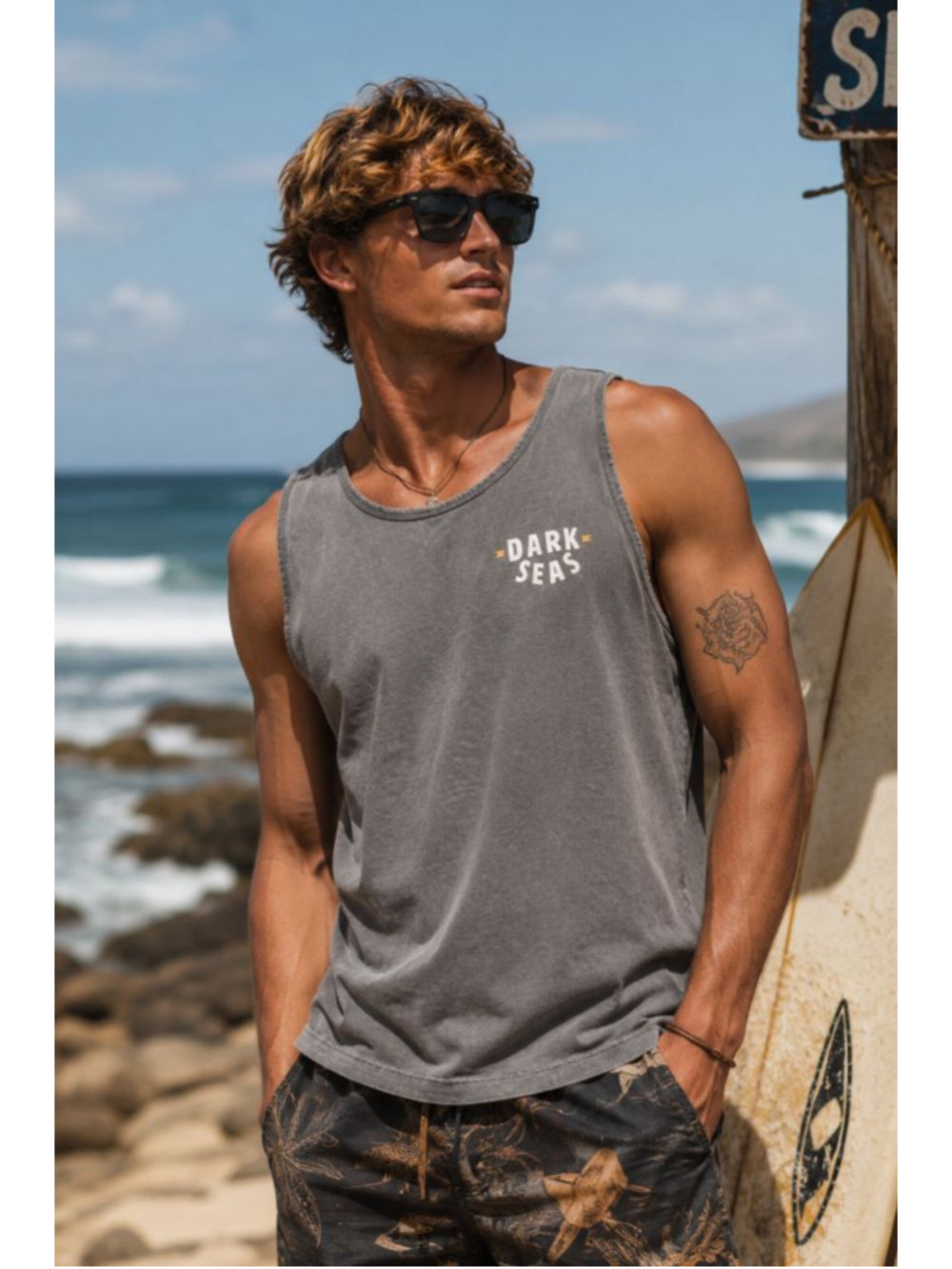 Dark Seas | Waterway Tank Top L Gray Orange Surfwear Graphic
